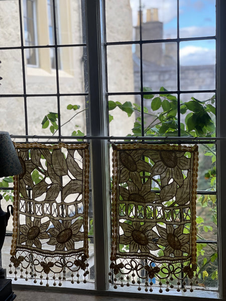 Pair Antique Art Deco French Richelieu Embroidered Linen Cafe Curtains Handmade Sunflower Motif