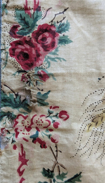 Antique Glazed Chintz Long Panel with Roses & Ribbons: C19th France