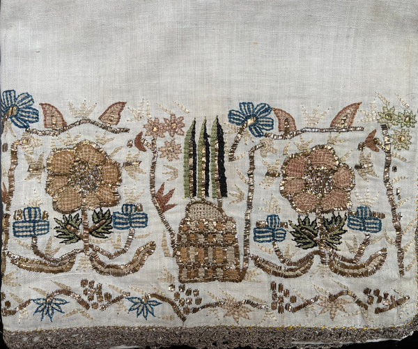 Pair Antique Ottoman Embroideries Silk and Metal Thread With Architectural & Garden Elements: C19th Turkey