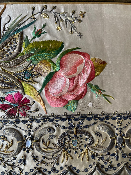 Pair of Museum Quality Italian Embroideries with Flowers and Insects Framed: C18th Italy