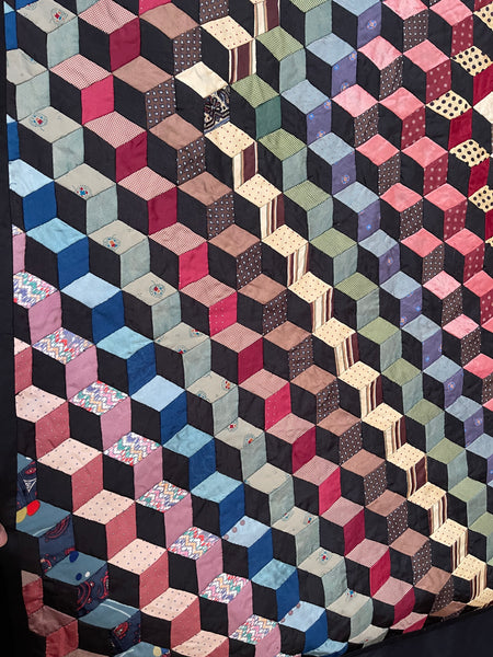 Antique Handmade Tumbling Blocks Silk Patchwork Quilt made with Cravat & Scarf Silks: C1910/20 Britain