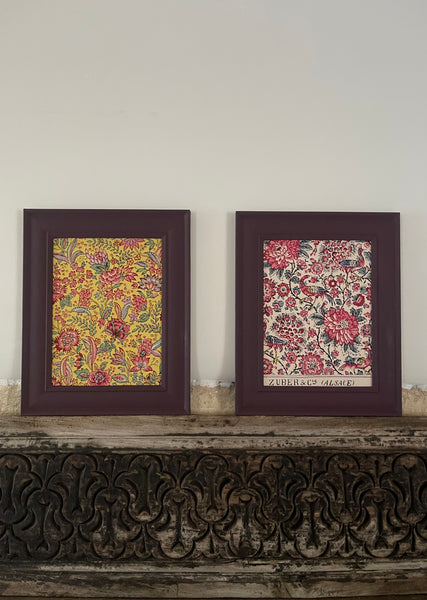 Antique Framed Block Print Hand Painted Wallpaper Samples: C19th Alsace, France