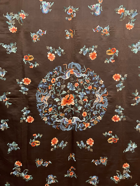 Fine Silk Embroidered Wallhanging with Symbolic Bats, Butterflies, Peonies: C19th China for export
