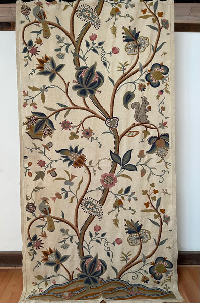 Antique Jacobean Revival Tree of Life Wallhanging with Birds and Squirrel: Early C20th Kashmir for export