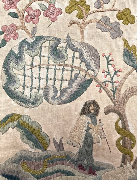 Antique Jacobean Revival Crewelwork Embroidery with Adam & Eve: C19th Britain