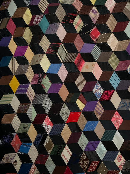 Antique Silk Tumbling Blocks Patchwork Quilt: C19th Britain