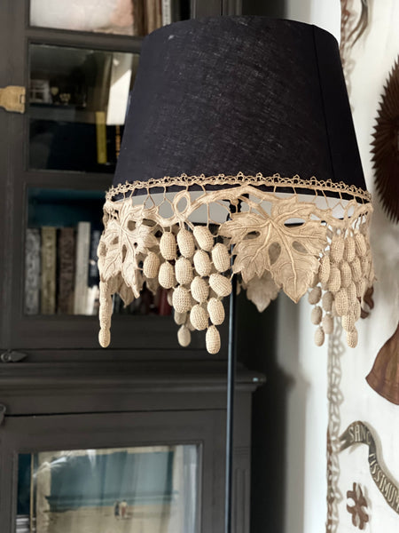 Large Size Lampshade with Antique Richelieu Embroidered Border with Art Deco Stumpwork Grapes: C1920s France