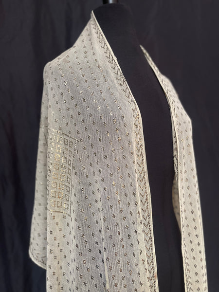 Art Deco Assuit Shawl Hand Embroidered White with Silver Metal Thread: C1920 Egypt