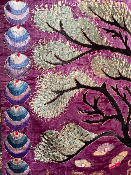 Antique Silk Embroidered Wallhanging with Tree of Life, Cranes, Deer: C1910 China