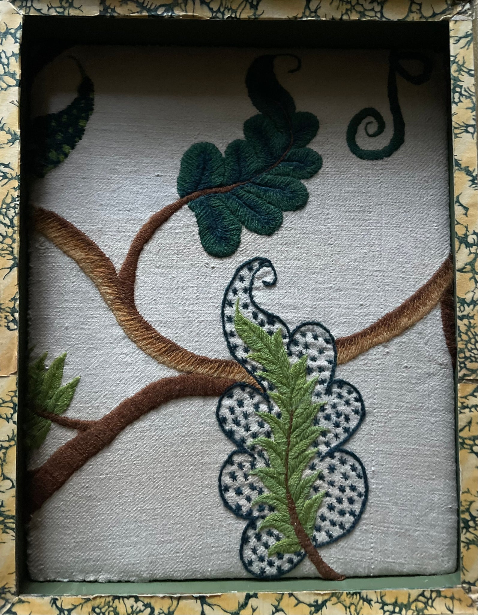 Antique Crewelwork Embroidery in French Hand Painted Wallpaper Covered Frame: C18th England