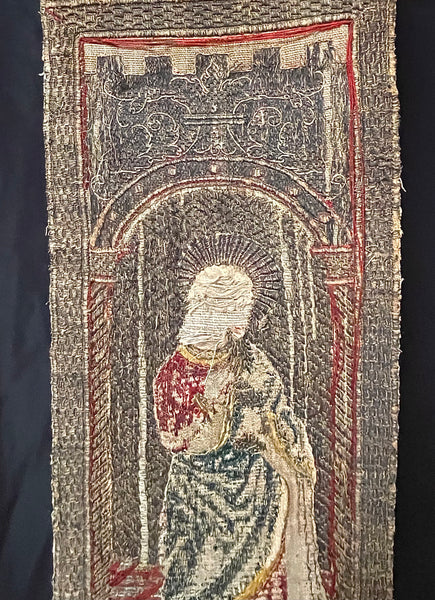 Rare Tudor Orphrey Silk and Metal Thread Embroidered Panels with Iconography Saints: C16th England