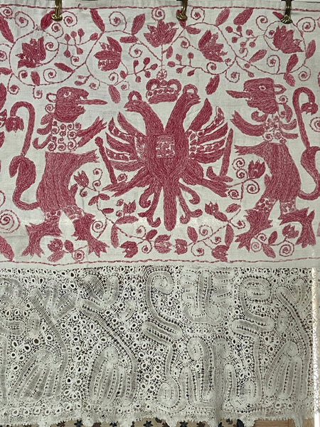 Traditional Folk Embroidered Pelmet with Birds & Lions: C19th The Balkans