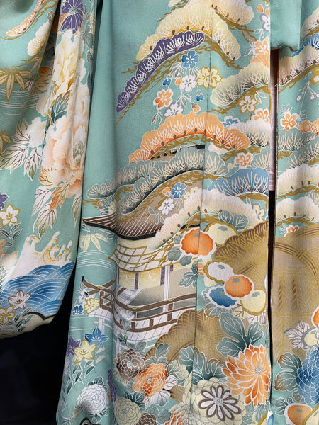 Hand Painted & Stencilled Reversible Silk Kimono Peppermint Green & Powder Pink: C1930 Japan