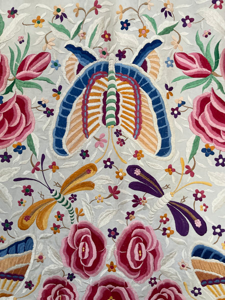 Antique Embroidered Bedcover Throw Curtain with Butterflies Florals Dragonflies: C20th Mexico