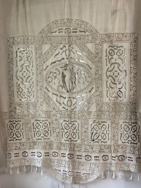 Antique Cutwork Embroidered Lace Wallhanging Curtain: C19th France