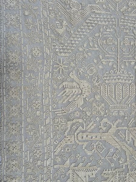 Antique Early Figurative Filet Lace Curtain Mythological Beasts Birds Tree of Life Hand Embroidered: C18th Italy