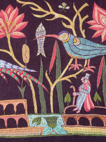 Antique Silk Embroidery with Houseboats, Birds and Florals: Late 19th, Srinagar, Kashmir, India