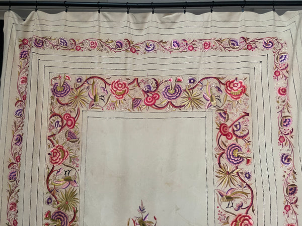 Antique Decorative Floss Silk Embroidered Bedcover or throw: C20th Kashmir, India