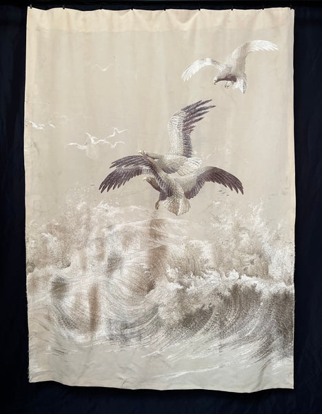 Museum Worthy Silk Embroidered Wallhanging with Waves Auspicious Sea Hawks: C19th Meiji Period, Japan.