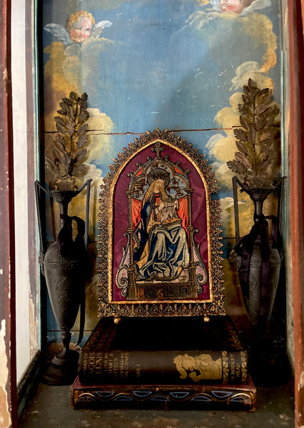 Antique Orphery Embroidery with Mary Queen of Heaven in Gothic Frame: Late C18th / 19th Century England