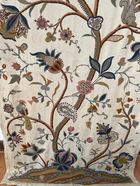 Antique Jacobean Revival Tree of Life Wallhanging with Birds and Squirrel: Early C20th Kashmir for export