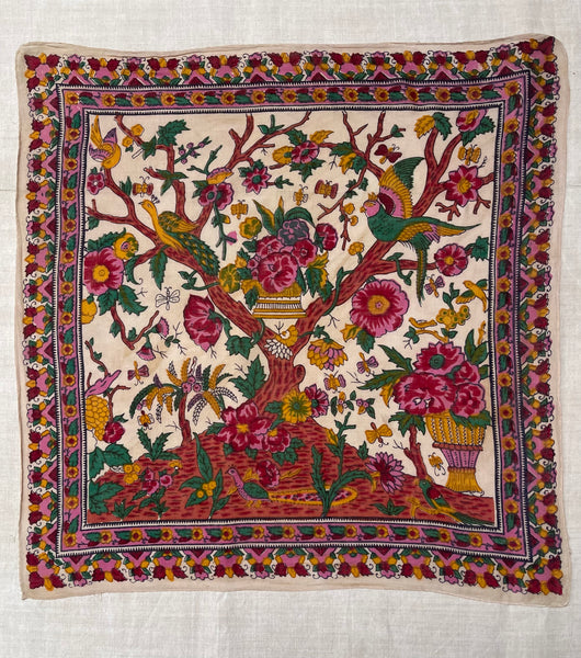 Block Print Tree of Life with Parrots, Peacock, Flowers & Butterflies: C20th India