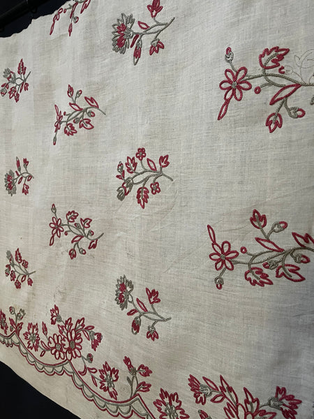 Antique Hand Embroidered Floral Linen Panel with Border Unused Panel 2 : C1910 France