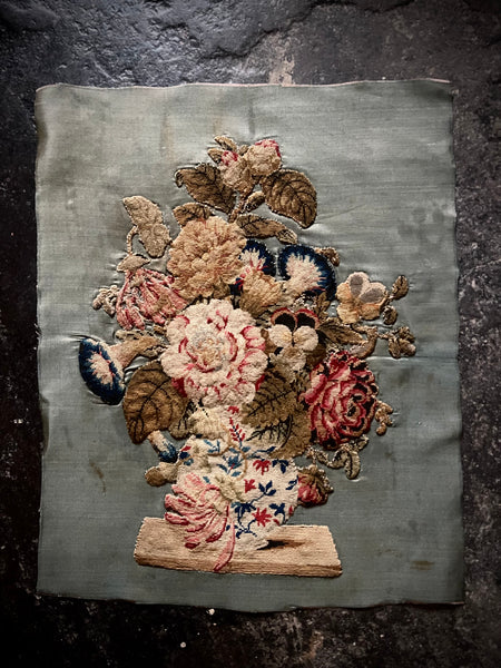 Needlework Tapestry Still Life Vase Garden Flowers: C19th English
