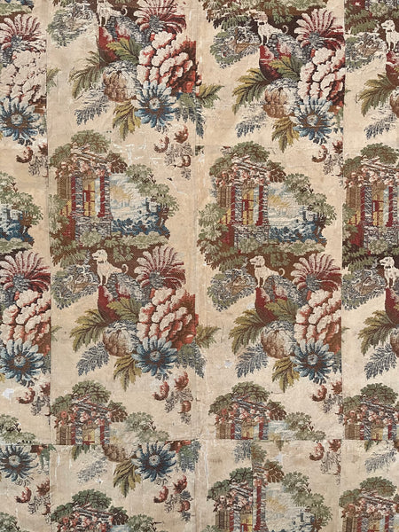 Antique Huguenot Silk Brocade with Architectural Elements and Dogs: C18th Spitalfields, London