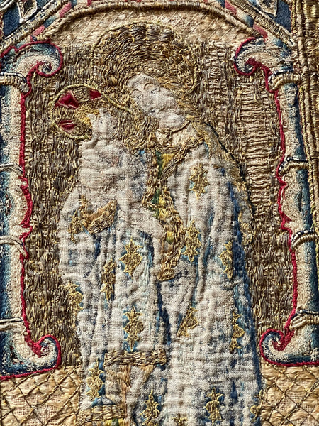 Antique Opus Anglicanum Medieval Orphrey Embroidery Madonna and Child: C16th England