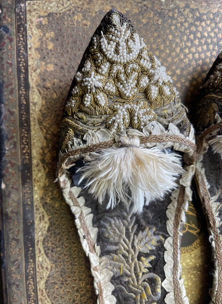 Antique Ottoman Slippers with Gold Gilt Embroidery & Seed Pearls: C19th Turkey