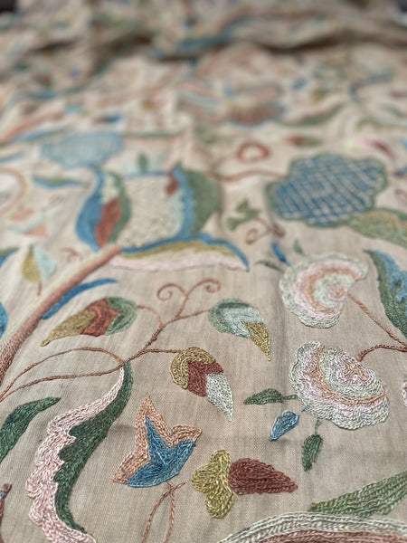 Antique Jacobean Revival Crewelwork Wallhanging with Tree of Life: C20th India for export to Europe
