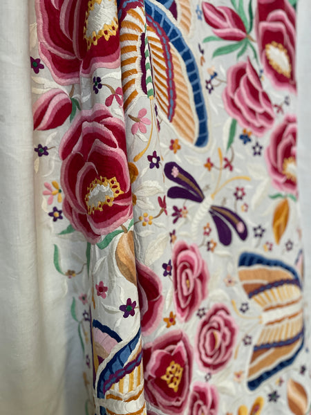 Antique Embroidered Bedcover Throw Curtain with Butterflies Florals Dragonflies: C20th Mexico