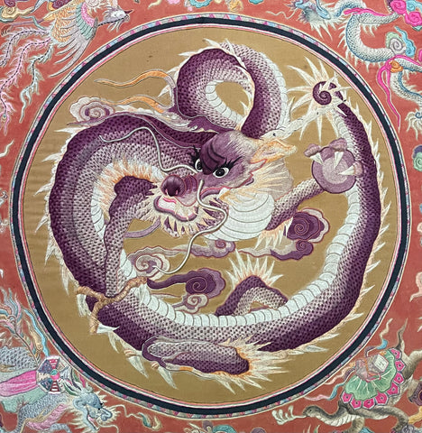 Extraordinarily Fine Stumpwork Embroidered Dragon Chasing Pearl: C1900 China