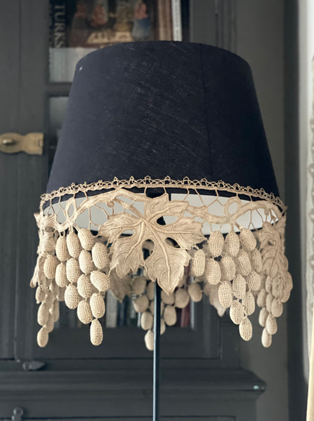 Large Size Lampshade with Antique Richelieu Embroidered Border with Art Deco Stumpwork Grapes: C1920s France