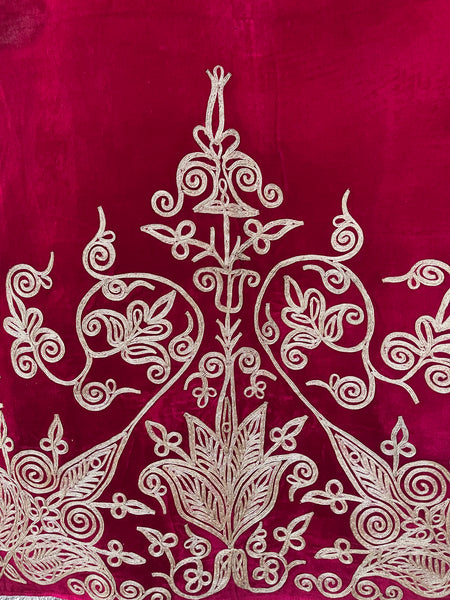 Antique Ottoman Era Magenta Pink Silk Velvet Panel with Traditional Hand Applied Silver Braiding: C19th Algeria
