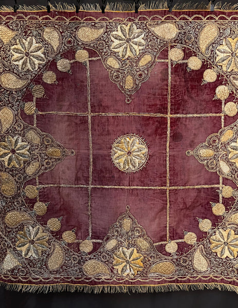 Antique Gold Gilt Thread Embroidered Silk Velvet Cover : C19th India