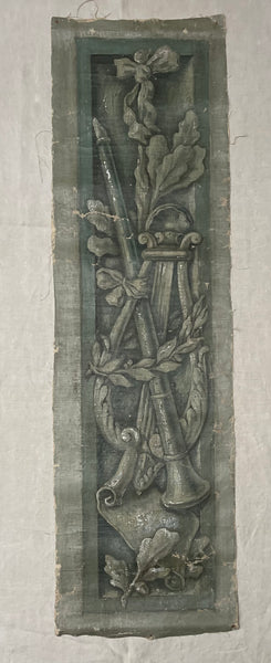 Pair Antique Trompe L’oiel Hand-painted Panels with Neo Classical Music Theme: C19th France