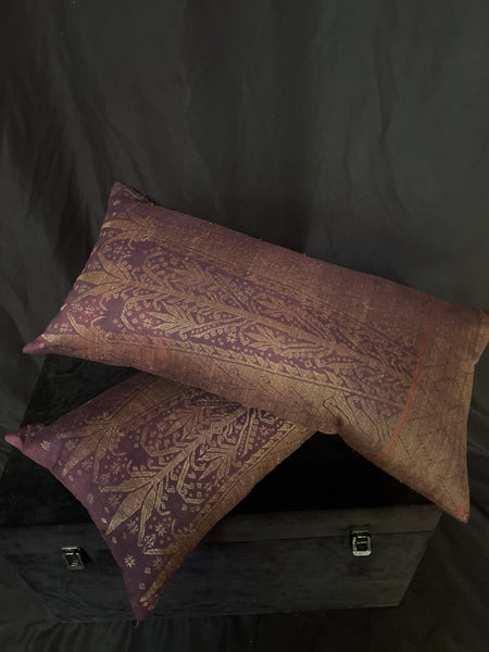 Handmade Cushion Made with Antique Brocaded Silk and Gilt Thread Panel: C19th Sumatra