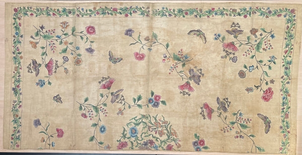 Antique Hand Painted Wallhanging with Butterflies and Flowers: C18th China for export to Europe.