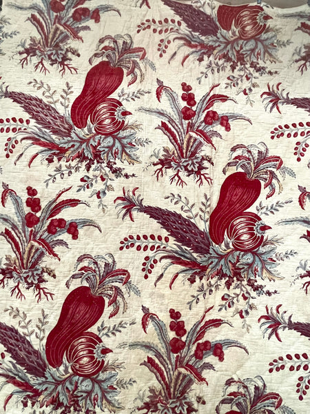 Rare Antique Indiennes Block Print Quilted Panel with Exotic Fruit and Foliage: C18th France