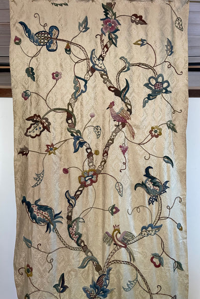 Antique Embroidered Crewelwork Tree of Life with Birds: C1910 A.H. Lee, Birkenhead, Britain. 337cm x 126cm