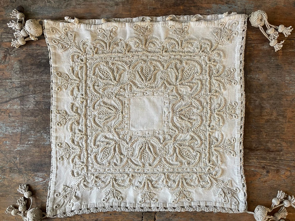 Antique Heirloom Whitework Embroidery Linen Cushion Cover: C19th Italy