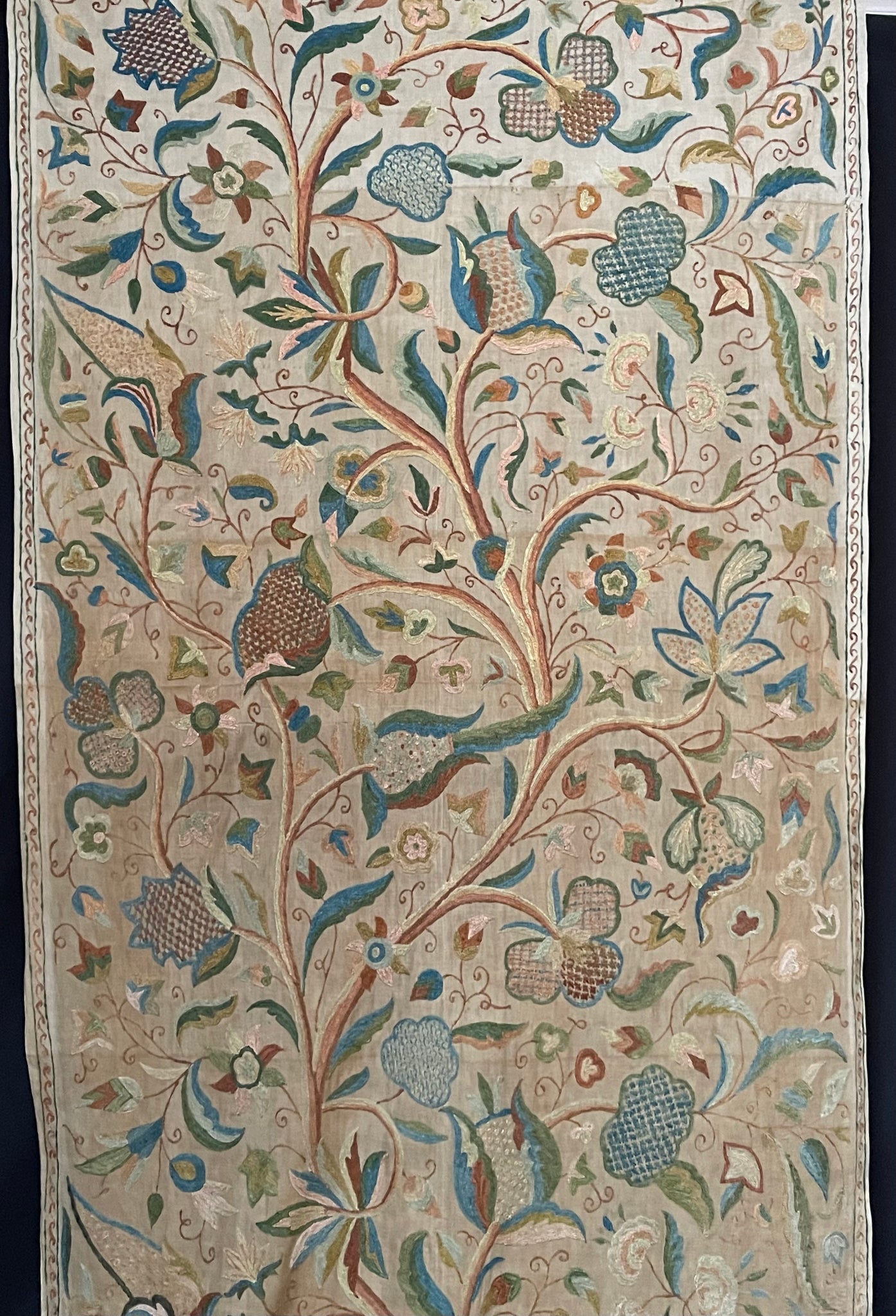 Antique Jacobean Revival Crewelwork Wallhanging with Tree of Life: C20th India for export to Europe