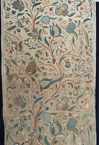 Antique Jacobean Revival Crewelwork Wallhanging with Tree of Life: C20th India for export to Europe