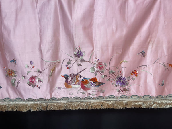 Antique Fine Silk Embroidered Wallhanging Panel with Water Birds and Flowers: C1920 China for export