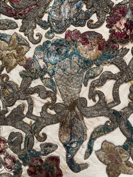 Antique Early Silk and Metal Thread Embroidered Appliqué Panel: C17th Britain