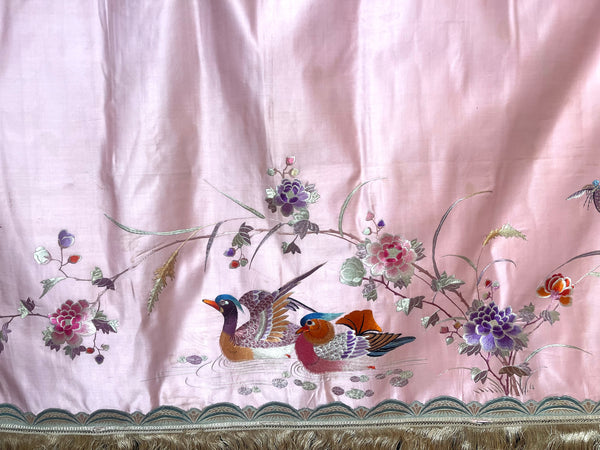 Antique Fine Silk Embroidered Wallhanging Panel with Water Birds and Flowers: C1920 China for export