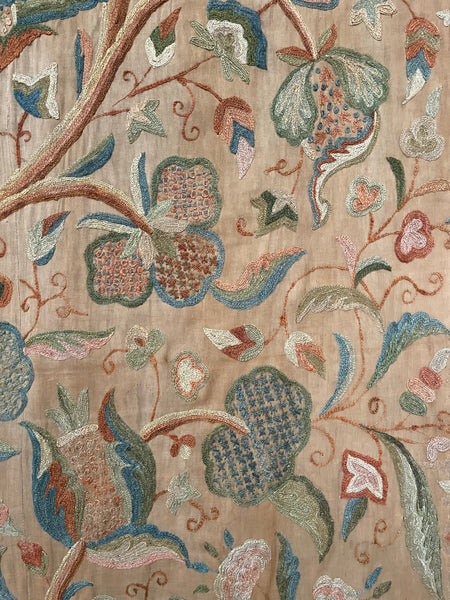 Antique Jacobean Revival Tree of Life Crewelwork Wall Hanging: C1900 Kashmir, India