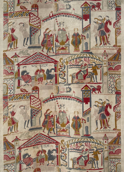 Antique Printed Linen Wallhanging Inspired by Bayeux Tapestry: C1920s Britain